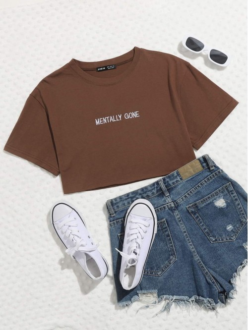 Letter Embroidered Crop Tee