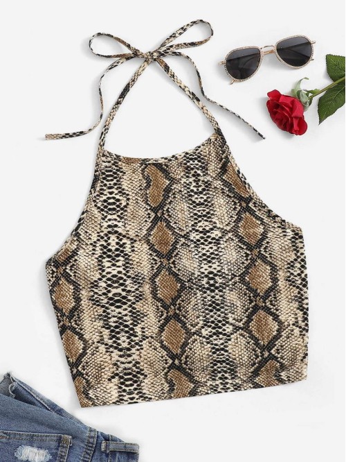 Snakeskin Print Cropped Halter Top