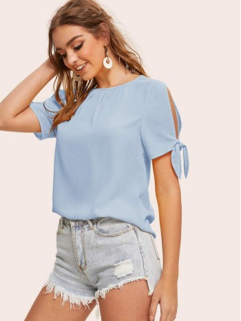 Solid Self-Tie Split Sleeve Top