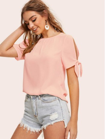 Solid Self-Tie Split Sleeve Top