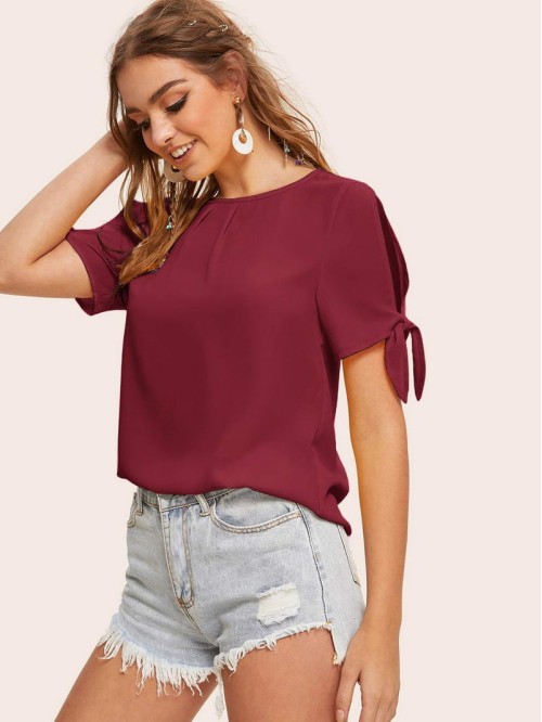 Solid Self-Tie Split Sleeve Top