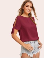 Solid Self-Tie Split Sleeve Top