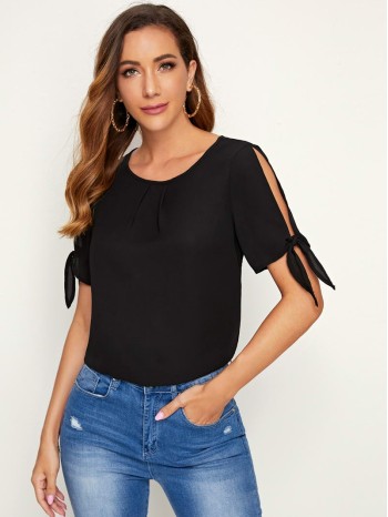 Solid Self-Tie Split Sleeve Top