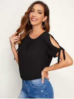 Solid Self-Tie Split Sleeve Top