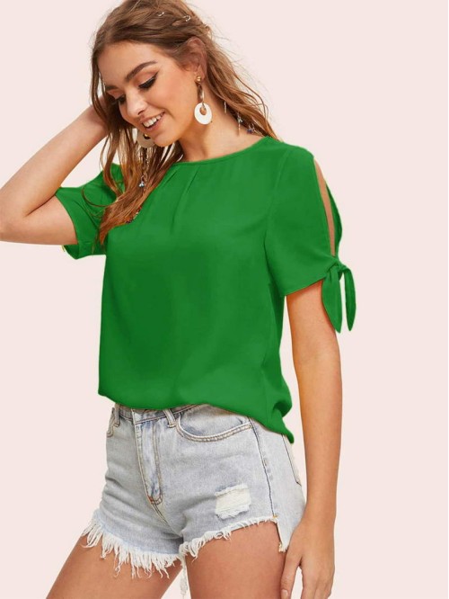 Solid Self-Tie Split Sleeve Top