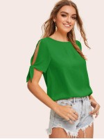 Solid Self-Tie Split Sleeve Top