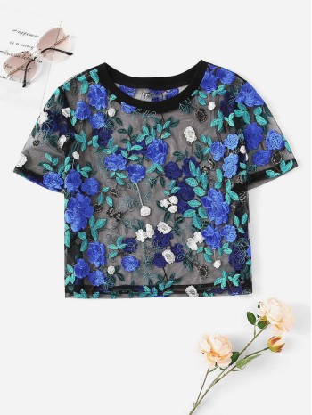 Embroidered Floral Sheer Mesh Crop Top