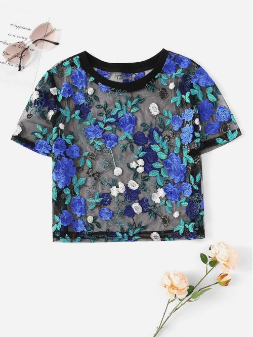 Embroidered Floral Sheer Mesh Crop Top