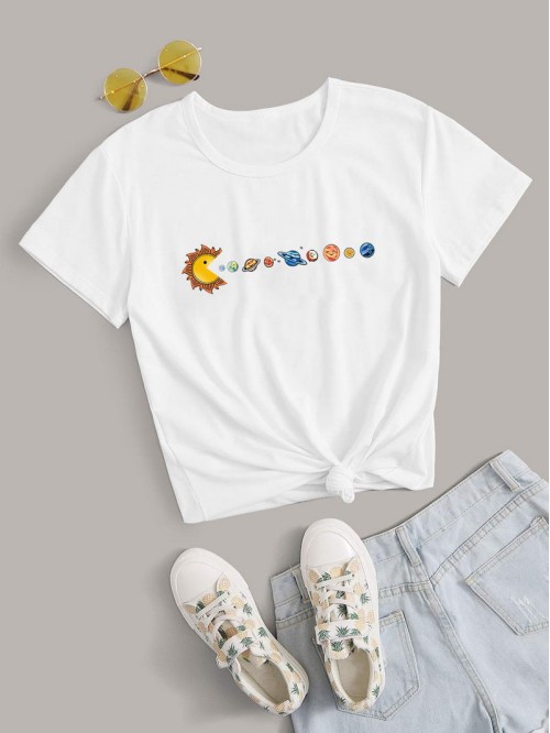 Cartoon Planet Print Crew Neck Tee