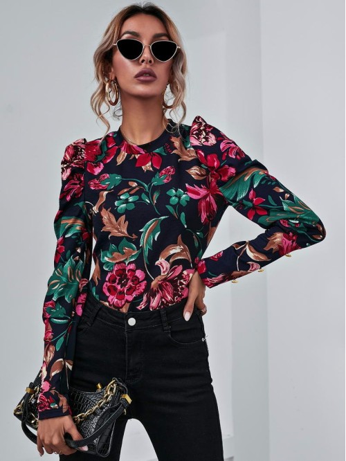 Mock Neck Gigot Sleeve Floral Tee