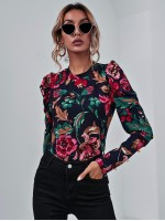 Mock Neck Gigot Sleeve Floral Tee