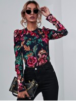 Mock Neck Gigot Sleeve Floral Tee