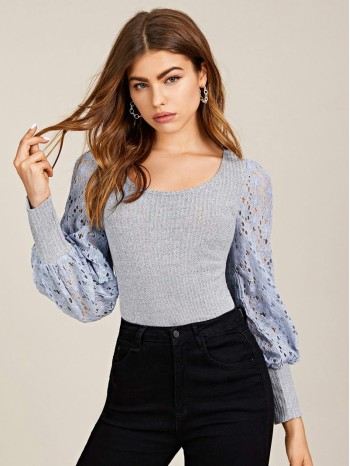 Contrast Lace Lantern Sleeve Top