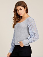 Contrast Lace Lantern Sleeve Top