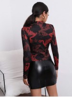 Mock-Neck Chinese Dragon Print Top