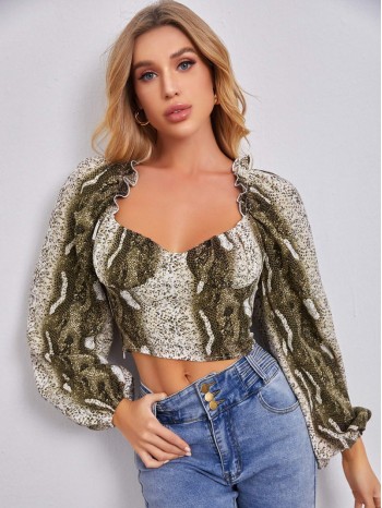 Snakeskin Print Lantern Sleeve Sweetheart Neck Bustier Top