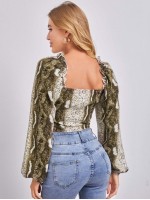 Snakeskin Print Lantern Sleeve Sweetheart Neck Bustier Top