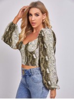 Snakeskin Print Lantern Sleeve Sweetheart Neck Bustier Top