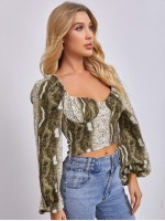 Snakeskin Print Lantern Sleeve Sweetheart Neck Bustier Top