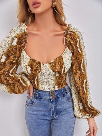 Snakeskin Print Lantern Sleeve Sweetheart Neck Bustier Top