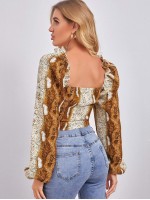 Snakeskin Print Lantern Sleeve Sweetheart Neck Bustier Top