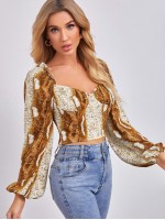 Snakeskin Print Lantern Sleeve Sweetheart Neck Bustier Top