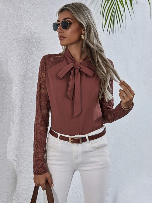 Lace Yoke Tie Neck Blouse