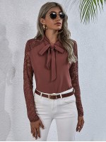 Lace Yoke Tie Neck Blouse