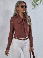 Lace Yoke Tie Neck Blouse