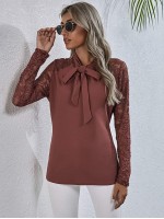 Lace Yoke Tie Neck Blouse