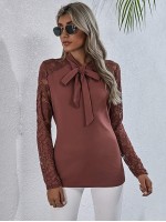 Lace Yoke Tie Neck Blouse