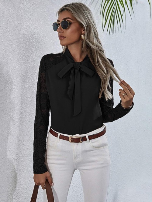 Lace Yoke Tie Neck Blouse