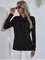 Lace Yoke Tie Neck Blouse