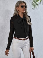 Lace Yoke Tie Neck Blouse