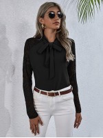 Lace Yoke Tie Neck Blouse