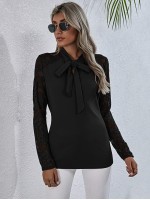 Lace Yoke Tie Neck Blouse