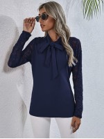 Lace Yoke Tie Neck Blouse