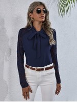 Lace Yoke Tie Neck Blouse