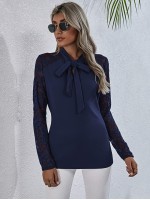 Lace Yoke Tie Neck Blouse