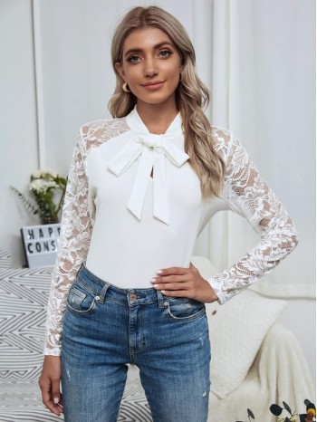 Contrast Lace Tie Neck Blouse