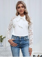 Contrast Lace Tie Neck Blouse