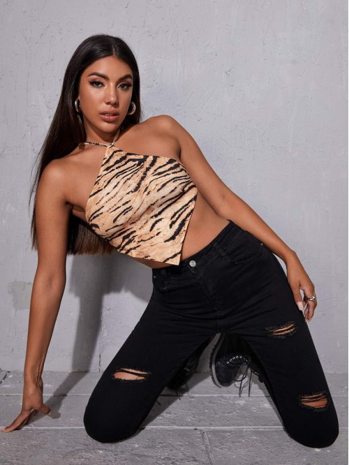 Halterneck Crisscross Tie Back Snakeskin Bandana Top