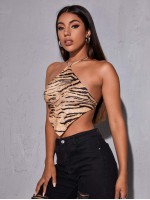 Halterneck Crisscross Tie Back Snakeskin Bandana Top