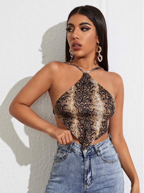 Tiger Print Self-Tie Halter Bandana Top