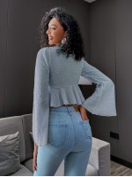 Bell Sleeve Tie Front Glitter Peplum Top