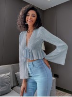 Bell Sleeve Tie Front Glitter Peplum Top