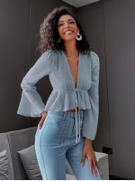 Bell Sleeve Tie Front Glitter Peplum Top