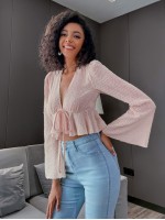 Bell Sleeve Tie Front Glitter Peplum Top