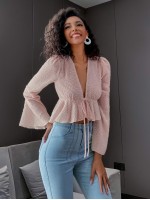 Bell Sleeve Tie Front Glitter Peplum Top