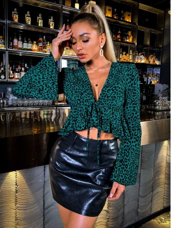 Bell Sleeve Tie Front Leopard Peplum Top